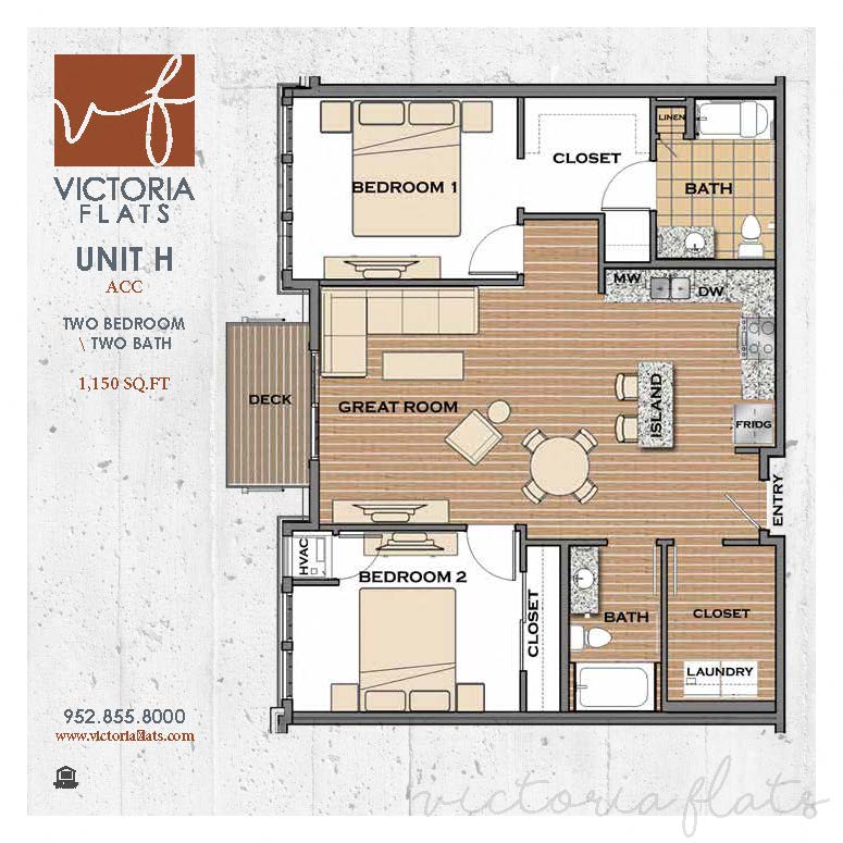 Floor plan for 2 beds, 2 baths, 1150 sqft